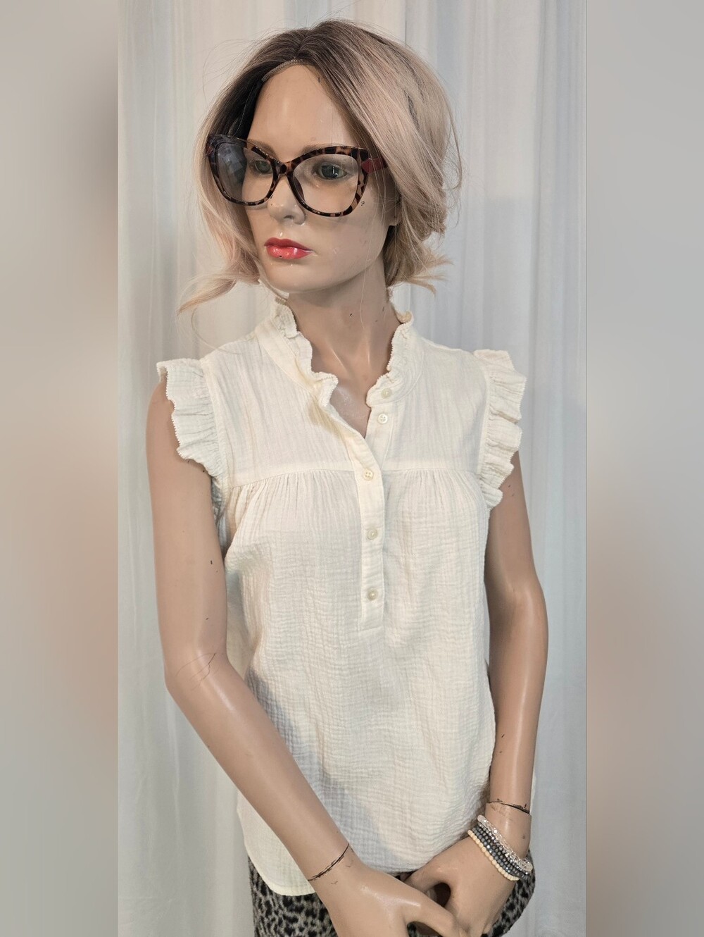 J. Crew Cream Gauze Ruffled Neck Sleeveless Top